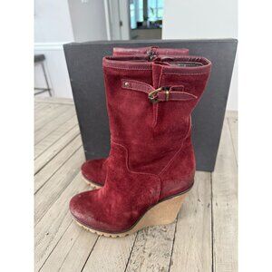 NIB BARNEY'S NEW YORK RED BURGUNDY WEDGE BOOTS SIZE 37 7